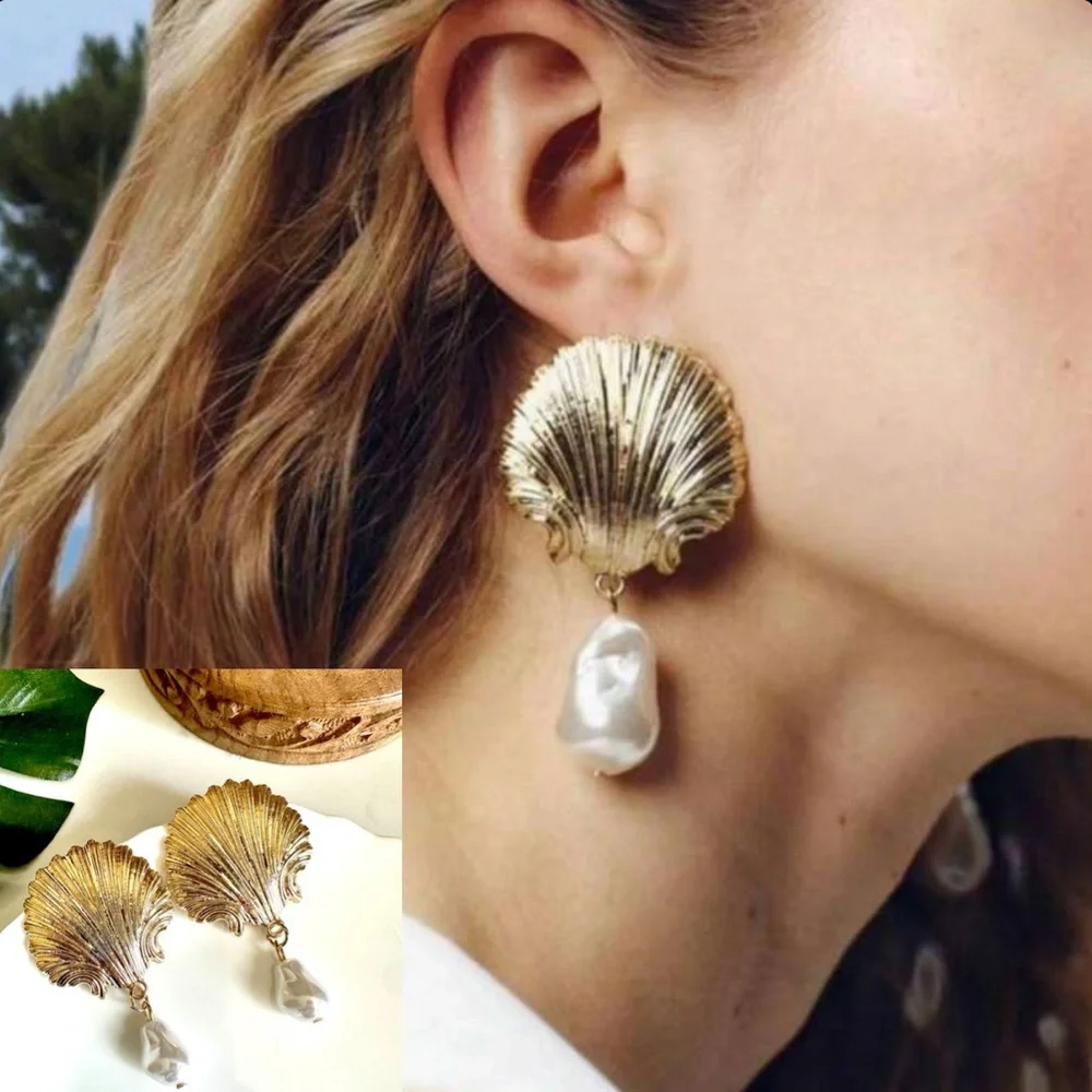 2/$30🌵 Gold Shell Earrings Faux Pearl Beach Seashell Ocean Coastal Vacation NEW